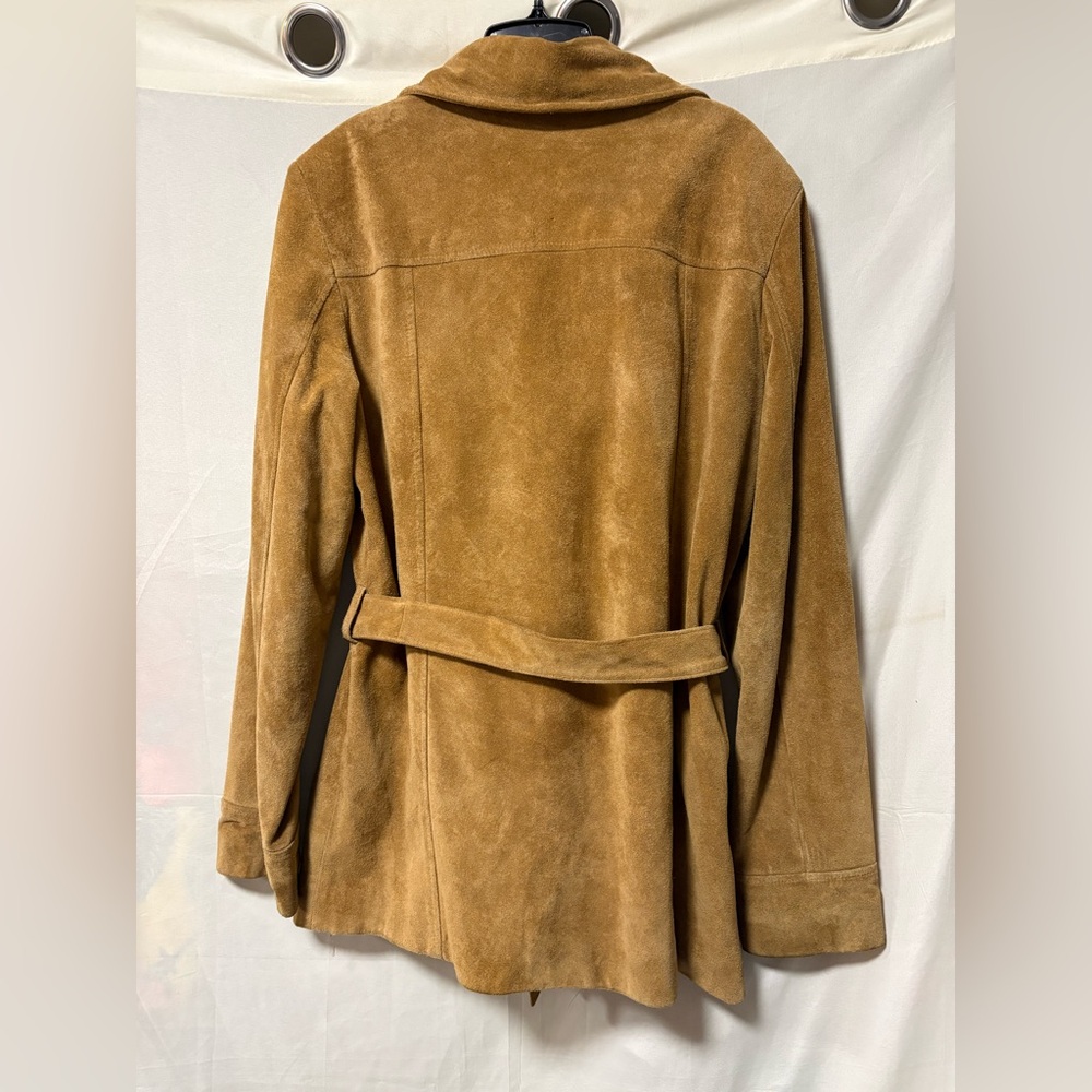 Zara Tan Suede Leather Belted Button Up Jacket Size Large - Picture 5 of 6